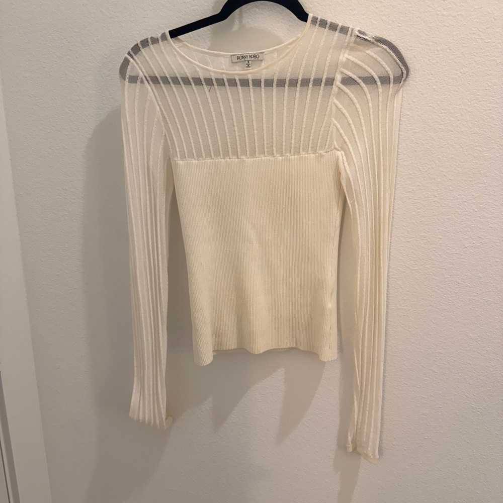 Ronny Kobo Collection Cream Sheer Yoke Ribbed Long-Sleeve Top